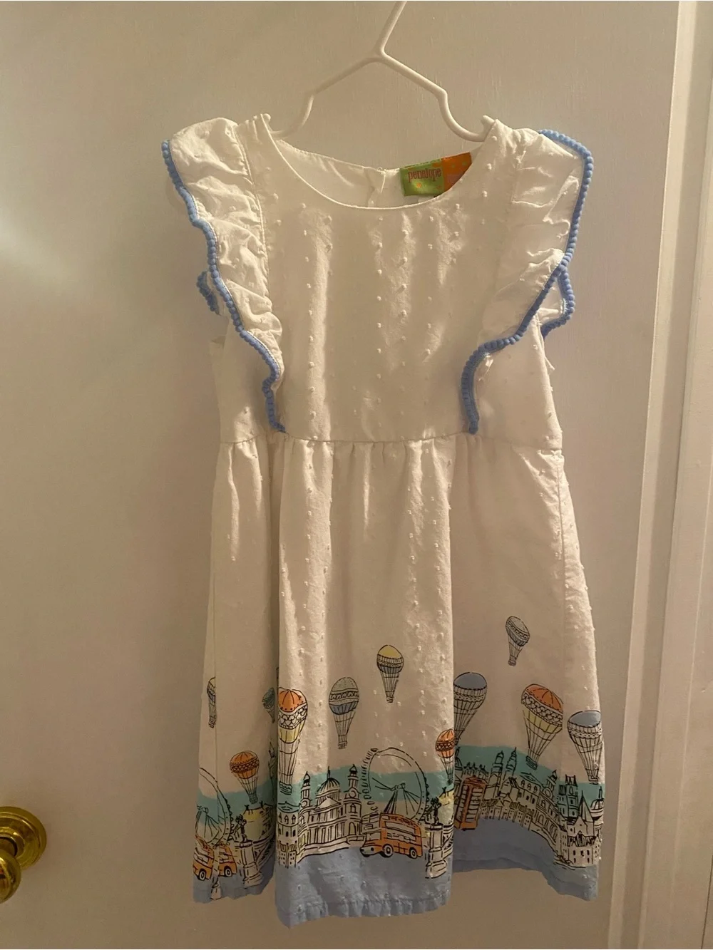 Penelope Mack White Dress with Light Blue Trim and Multi-Color Border Print